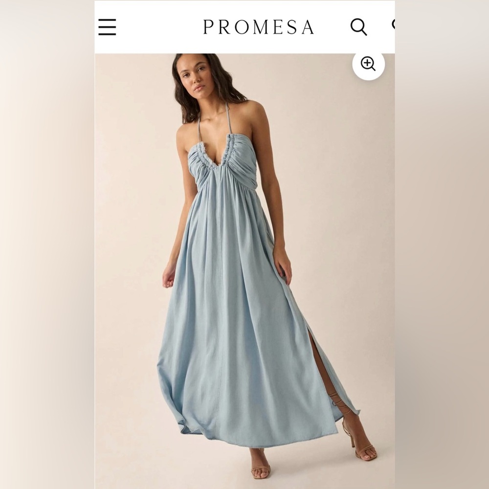 Blue Bayou Denim Tie-Back Halter Maxi Dress